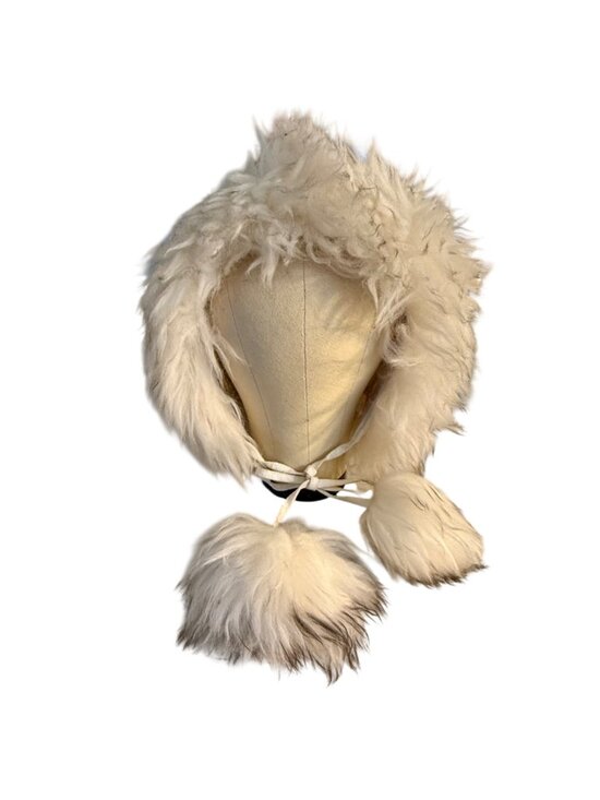 Vintage 60s 70s Italian Lamb Fur Trapper Hat Hood Pompom Ski Bonnet White Made I main image 2